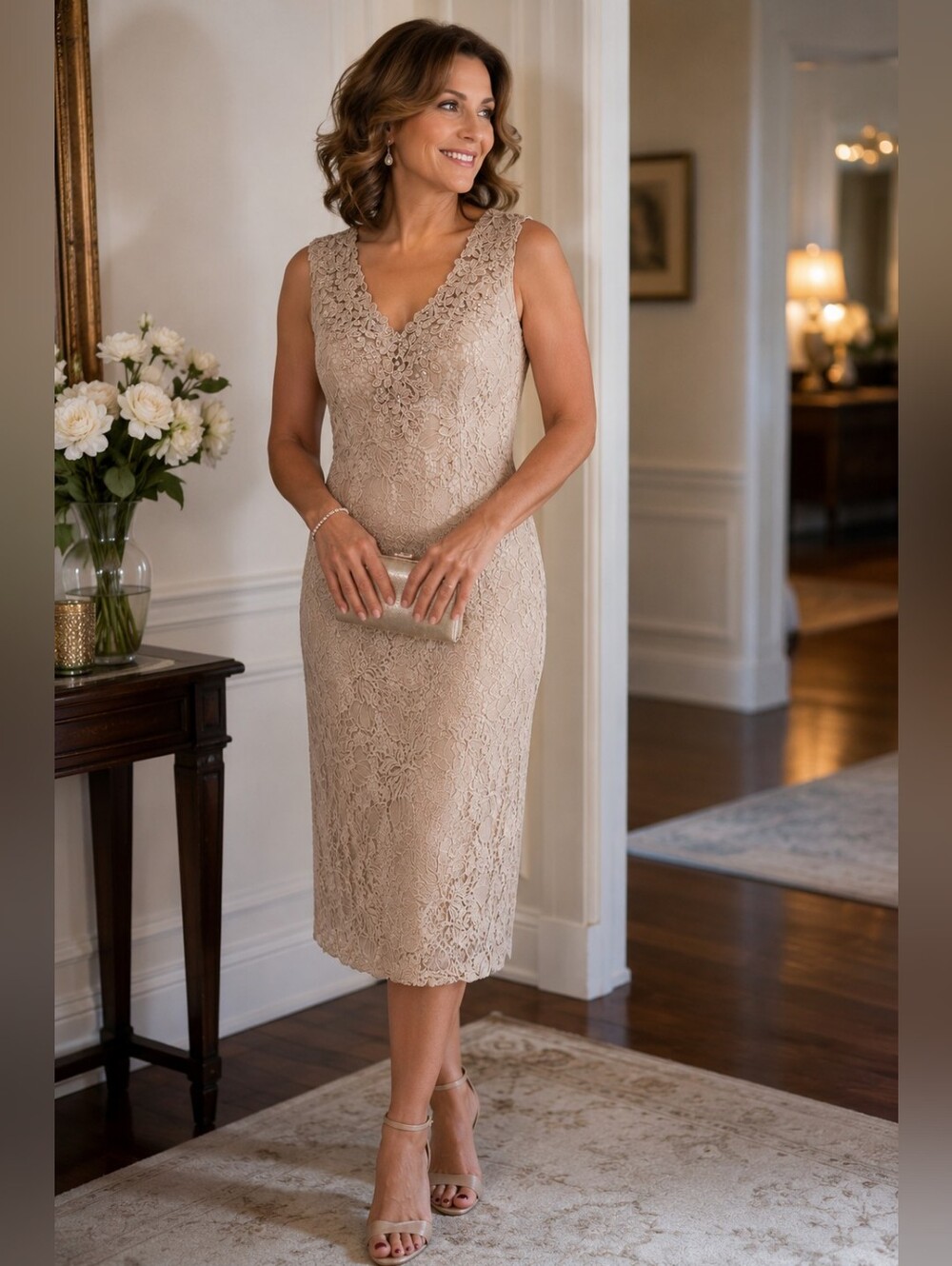 Alex Evenings Lace Embellished Sheath Dress Size 8 Champagne Formal Wedding